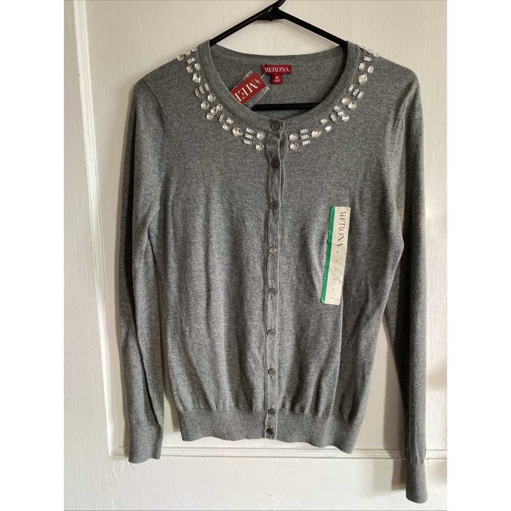 Merona Gray Jewled Button Up Cardigan Sweater Women’s Size MD NWT